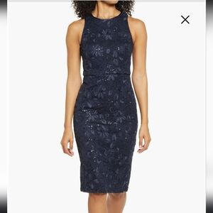VINCE CAMUTO Navy Sequins Lace Sheath Dress Size 4- NWT
